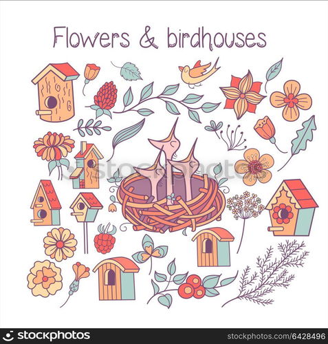 A large set spring clipart. The Chicks in the nest, spring flowers, leaves, branches, birdhouses. Isolated on a white background.