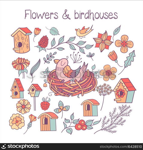A large set spring clipart. The Chicks in the nest, spring flowers, leaves, branches, birdhouses. Isolated on a white background.