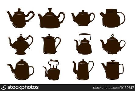 A large set with brown outlines of various teapots on a white background. Vector illustration.