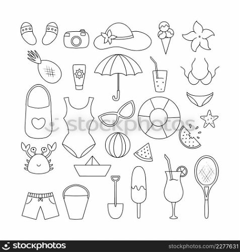 A large set with summer objects. Items for summer holidays and vacations by the sea. Vector illustration in the doodle style.