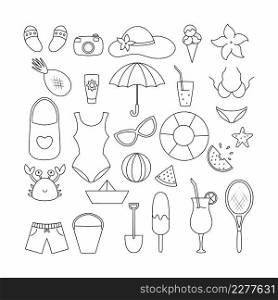 A large set with summer objects. Items for summer holidays and vacations by the sea. Vector illustration in the doodle style.