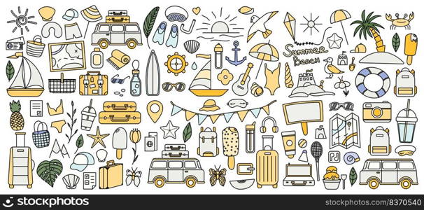 A large set with things for traveling to the mountains and the sea. Set of travel things on vacation. Summer collection. Vector line icon. Editable stroke. Doodle style. A large set with things for traveling to the mountains and the sea. Set of travel things on vacation. Summer collection. Vector line icon. Editable stroke. Doodle style. 