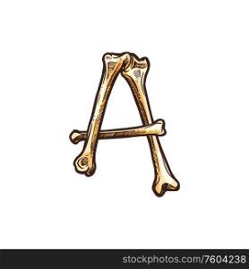 A letter of skeleton bones isolated Halloween ABC element. Vector Dia de los Muertos typography. Letter A isolated ABC element of human bones