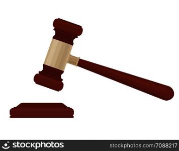 A lifted hammer of a judge on a white background. A symbol of justice. Vector flat illustration for your design.. A lifted hammer of a judge on a white background.