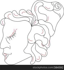 A line drawing of a girl with eyes closed and hair tied up vector color drawing or illustration