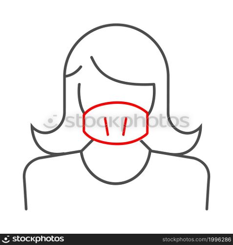 A linear icon of a woman wearing a mask or a gauze bandage for her face. The mask covers the mouth and nose. Virus protection, a sign on the door. Flat style.