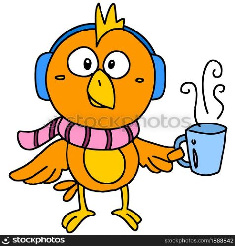 a little bird is carrying a cup of coffee. cartoon illustration sticker mascot emoticon