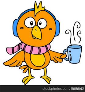 a little bird is carrying a cup of coffee. cartoon illustration sticker mascot emoticon