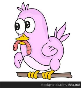 a little bird is carrying a worm. cartoon illustration sticker emoticon
