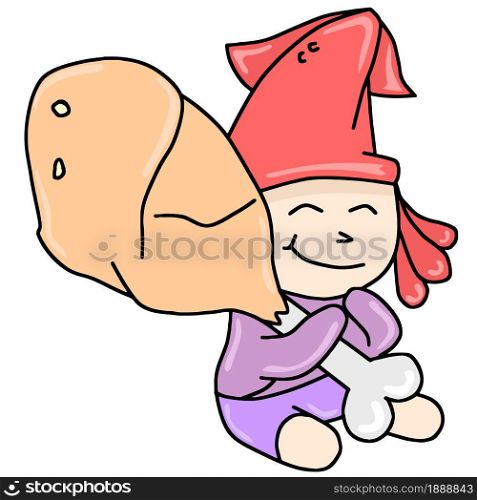 a little boy holding a giant fried chicken. cartoon illustration sticker mascot emoticon