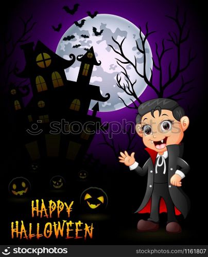 A little boy in a Dracula costume with pumpkin and haunted house