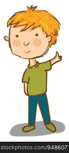 A little boy in a green shirt with blue pants, green shoes and a yellow hair, vector, color drawing or illustration.