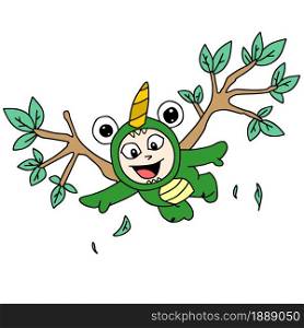 a little boy in the costume of a flying monster using tree branch wings. cartoon illustration sticker emoticon