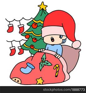 a little boy waking up on christmas day. cartoon illustration sticker mascot emoticon