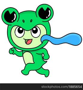 a little boy wearing a frog costume with a happy face, doodle icon image. cartoon caharacter cute doodle draw