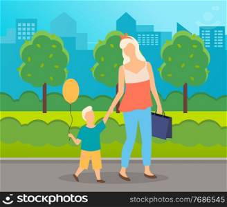 A little boy with balloon holds his mother s hand. People walk in a city park in the summer. Parent goes with her son and carrying paper bags. Houses and buildings in the background. Flat image. City park, mom and son are walking. Boy carries a balloon, mom carries a bag. Flat vector image
