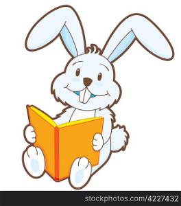 A little bunny sitting down reading a book.