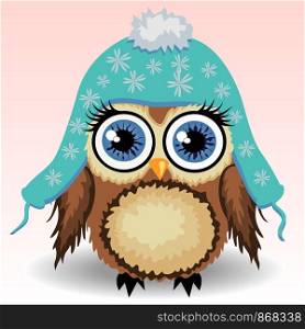 A little cute owl in a blue cap with long ears, a winter owl, shelter from the cold