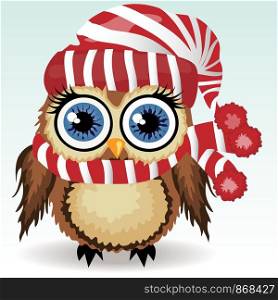 A little cute owl in a red and white hat and scarf with a pompon, a winter owl, shelter from the cold. A little cute owl in a red and white hat with a pompon, a winter owl, shelter from the cold