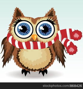 A little cute owl in a red and white scarf with a pompon, a winter owl, shelter from the cold