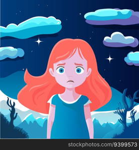 a little girl on the street at night is afraid . Vector illustration. the girl is afraid of the night