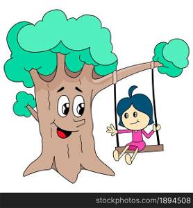 a little girl playing on the swing under a big tree. cartoon illustration cute little girl sticker