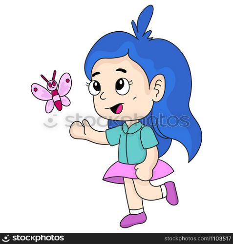 a little girl playing with butterflies. cartoon illustration sticker emoticon