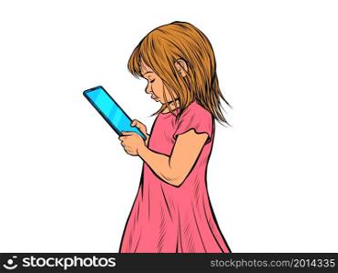 a little girl uses a smartphone. Electronic gadgets and children. Isolate on a white background Pop art retro vector illustration 50s 60s vintage kitsch style. a little girl uses a smartphone. Electronic gadgets and children. Isolate on a white background