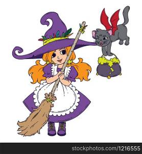 A little witch with a broom, a cat and a pot. Vector illustration isolated on white background.