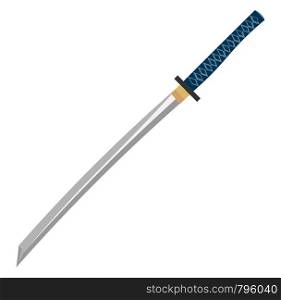A long gray katana with blue handle, vector, color drawing or illustration.