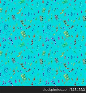 A lot of bright colorful confetti and serpentine on blue background, anniversary party seamless pattern. Bright colorful confetti and serpentine on blue background, anniversary party seamless pattern