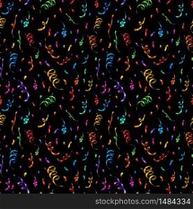 A lot of bright colorful confetti and serpentine on dark background, anniversary party seamless pattern. Bright colorful confetti and serpentine on dark background, anniversary party seamless pattern