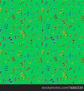 A lot of bright colorful confetti and serpentine on green background, anniversary party seamless pattern. Bright colorful confetti and serpentine on green background, anniversary party seamless pattern