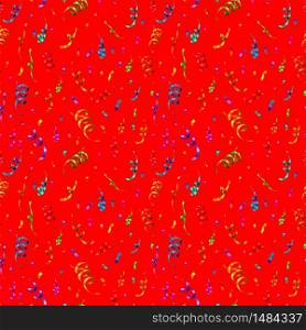 A lot of bright colorful confetti and serpentine on red background, anniversary party seamless pattern. Bright colorful confetti and serpentine on red background, anniversary party seamless pattern