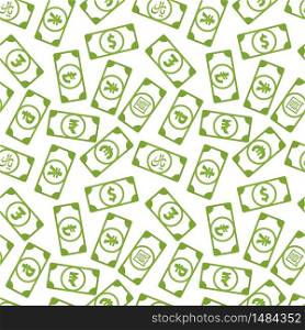 A lot of different bright green money banknotes with common currency signs like us dollar, pound, yen, yuan, ruble, euro, rupee, rial and lira, seamless pattern on white. Lot of different bright green money banknotes with common currency signs like us dollar, pound, yen, yuan, ruble, euro, rupee, rial and lira, seamless pattern on white