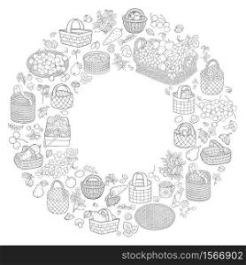 A lot of fruits, vegetables and berries in baskets. Cartoon vector hand drawn abstract sketchy illustration. Round frame composition. A lot of fruits, vegetables and berries in baskets