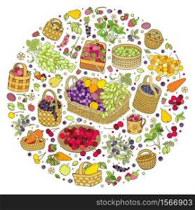 A lot of fruits, vegetables and berries in baskets. Cartoon vector hand drawn abstract still life illustration. Round composition. A lot of fruits, vegetables and berries in baskets