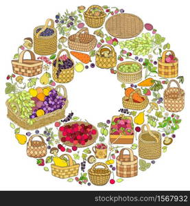 A lot of fruits, vegetables and berries in baskets. Cartoon vector hand drawn abstract still life illustration. Round frame composition. A lot of fruits, vegetables and berries in baskets