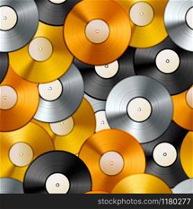 A lot of golden, platinum and bronze albums, vinyl discs seamless pattern. Golden, platinum and bronze albums, vinyl discs seamless pattern
