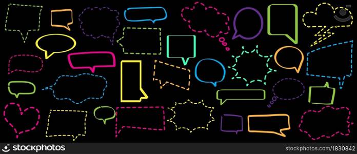 A lot of neon color speech bubbles icon set on black background. Chat message symbol. Vector illustration. Stock image. EPS 10.. A lot of neon color speech bubbles icon set on black background. Chat message symbol. Vector illustration. Stock image.