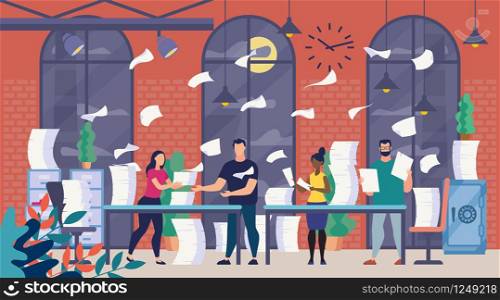 A Lot of Office Paperwork, Bureaucracy Flat Vector Concept with Company Employees Sorting, Analyzing and Organizing Paper Documents, Reading Correspondence, Trying to Finish Work at Time Illustration