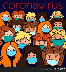 A lot of people in medical masks. Concept of cohesion and coherence of world society and the people protection against new pandemic threats such as coronavirus and other infections that are dangerous to humanity. Vector illustration