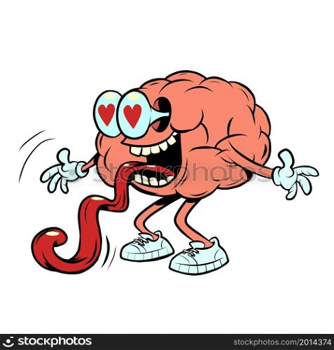 a lover with hearts in his eyes human brain character, smart wise. Comic cartoon retro vintage illustration. a lover with hearts in his eyes human brain character, smart wise