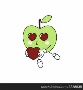 A loving Apple holds a heart in its hands. Funny fruit smiley with emotions. Children’s cartoon illustration for the Internet, social networks, and apps.
