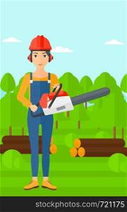A lumberjack holding a chainsaw on a forest background vector flat design illustration. Vertical layout.. Lumberjack with chainsaw.