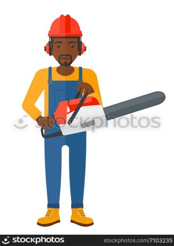 A lumberjack holding a chainsaw vector flat design illustration isolated on white background. . Cheerful lumberjack with chainsaw.