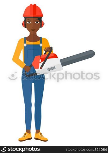 A lumberjack holding a chainsaw vector flat design illustration isolated on white background. . Lumberjack with chainsaw.