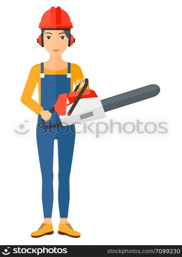 A lumberjack holding a chainsaw vector flat design illustration isolated on white background. Vertical layout.. Lumberjack with chainsaw.