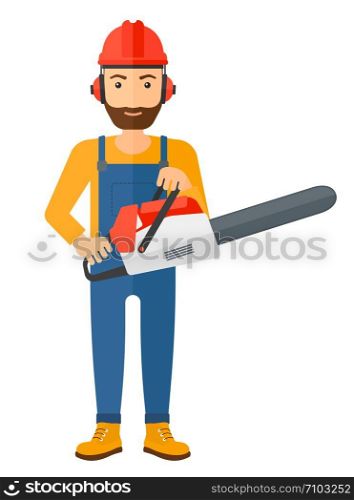 A lumberjack holding a chainsaw vector flat design illustration isolated on white background. Vertical layout.. Cheerful lumberjack with chainsaw.