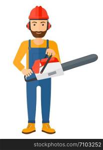 A lumberjack holding a chainsaw vector flat design illustration isolated on white background. Vertical layout.. Cheerful lumberjack with chainsaw.